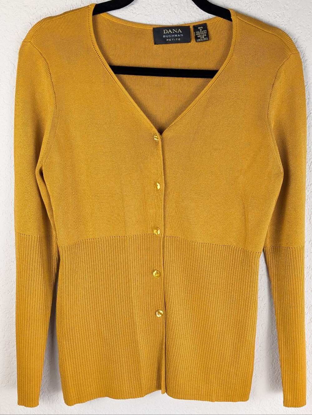 VTG Dana Buchman 100% Silk Cardigan M Petite Mustard Yellow Y2K 90's Rib Knit
